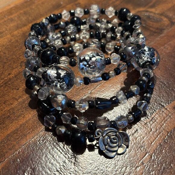 Bracelet, Black and Crystal Wrap Bracelet, NEW, Handmade, Artisan - Picture 1 of 4